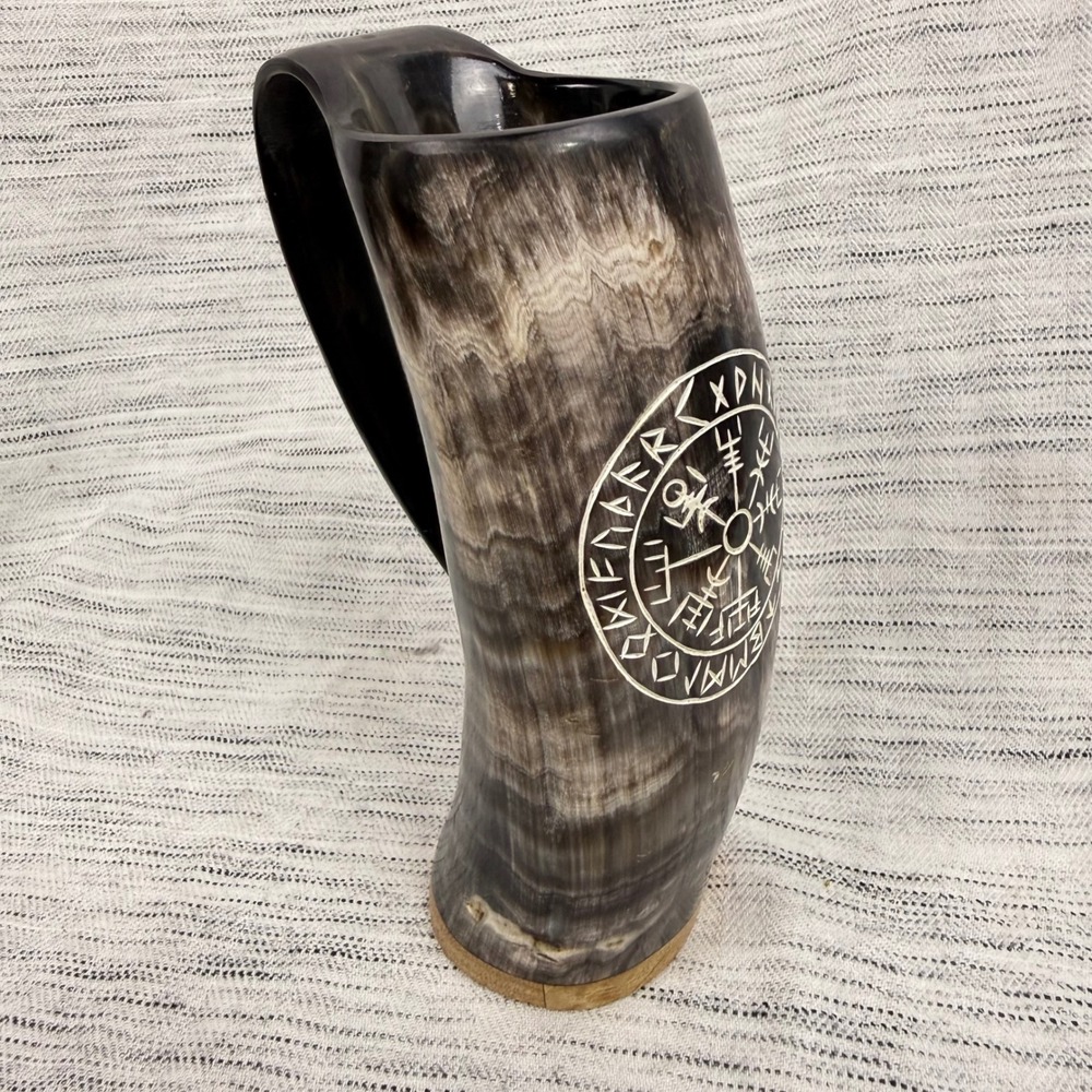 Viking Nordic Horn Mug Carved Runes Handle 7" Cosplay Renn Faire Gift Medieval